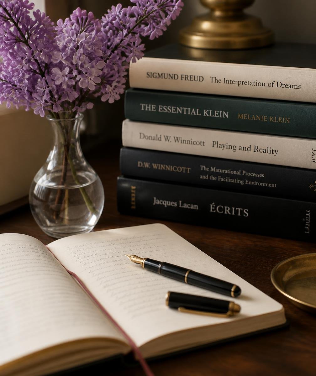 Livros de psicanálise e caderno de anotações